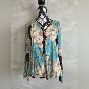 Vtg Patchwork Floral Boho Peseant Blouse Blue Brown Cream Sz L Nine West Poly